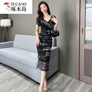 啄木鳥(niǎo)（TUCANO）時(shí)尚氣質(zhì)V領(lǐng)網(wǎng)紗印花連衣裙夏歐美復古風(fēng)性感緊身顯瘦包臀中長(cháng)裙 字母 S 建議85-90斤