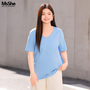 MsShe【天絲棉】大碼女裝2026款春裝胖mm長(cháng)袖T恤打底衫200斤上衣 V領(lǐng)【短袖】冰河藍色*現貨 2XL