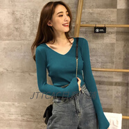 JTTCAC日本春秋冬V領(lǐng)打底衫女修身內搭洋氣針織衫上衣紅色氣質(zhì)洋氣毛衣 幽藍色 XL 【115-130斤】