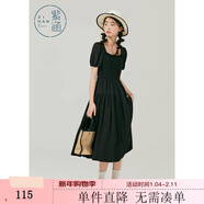 紫涵方領(lǐng)泡泡袖連衣裙女夏新款小眾蕾絲中長(cháng)裙高腰打攬七夕送女生 黑色 XS