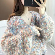 蕉京復古v領(lǐng)毛茸茸慵懶風(fēng)溫柔毛衣秋冬V領(lǐng)百搭加厚粗毛線(xiàn)女針織衫外穿 藍紅 S  80-95斤