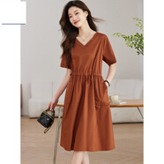 啄木鳥(niǎo)法式時(shí)尚V領(lǐng)連衣裙女裝夏季新款寬松大碼中長(cháng)款抽繩收腰氣質(zhì)A字裙 橘色 L 【建議115-130斤】
