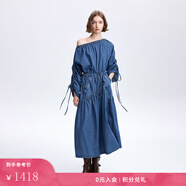 Fabrique多種穿法露肩抽繩插袋牛仔連衣裙女秋季新品 藍色 M