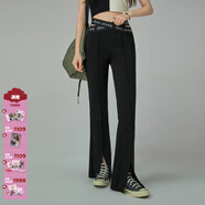 CHUU高腰休閑褲女士2025春季字母設計感別致開(kāi)叉新復古回潮微喇長(cháng)褲 黑色3 S
