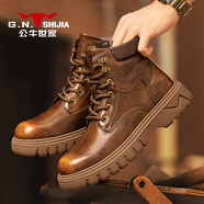 公牛世家【可選加絨款】男靴秋冬季馬丁靴男高幫鞋男復古皮靴子男工裝鞋男 古銅色（加絨款）GN251Y058M 41