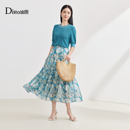 Ditto/迪圖碎花百褶裙女2025秋季高腰百搭a字傘裙垂蛋糕長(cháng)裙子 秋波藍 S