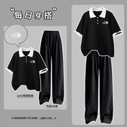 運動(dòng)套裝女夏季2025新款小個(gè)子初中女生夏裝青少年女裝中學(xué)生搭配 黑拼白邊(信號胸標)+黑褲 M