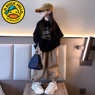 G.duck小黃鴨女童秋季款假兩件套裝中大童衛衣洋氣街舞兒童裝上衣兩件套 黑色上衣+哈倫褲【套裝】 140 cm