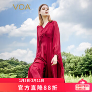 VOA真絲提花V領(lǐng)蝙蝠袖側插袋撞料喬其披肩式設計假兩件連衣裙 AE2320 落霞紅（H02） S