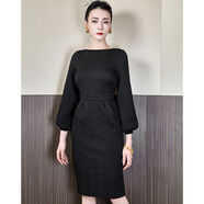 2024新款秋冬氣質(zhì)連衣裙長(cháng)袖白色針織歐美高端高冷女神范女裝 黑色壓花一字領(lǐng)燈籠袖 S S現貨