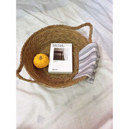 語(yǔ)森憶收納籃草編籃子手工編織復古雜物收納筐藤編拍照道具 35cm籃子復古藍白混色紋布