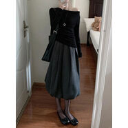 深灰色毛呢百褶裙花苞半身長(cháng)裙大碼女裝秋冬蓬蓬裙梨形伯克利裙子 深灰色長(cháng)裙 S S建議80-90斤