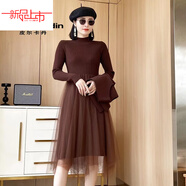 啄木鳥(niǎo)（TUCANO）小香風(fēng)黑色打底針織連衣裙女秋冬修身顯瘦純色百搭網(wǎng)紗拼接毛衣裙 咖啡色 【不規則下擺】 均碼 85-135斤