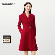 珂萊蒂爾【美麗諾羊毛】商場(chǎng)同款冬季氣質(zhì)西裝裙連衣裙女 深紅 XL