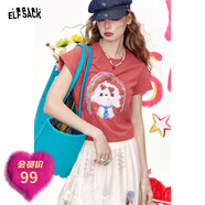 妖精的口袋條紋小狗印花短袖t恤女2025夏季新款修身短款辣妹上衣 小狗條紋紅色 S