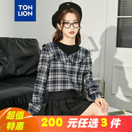 唐獅秋冬新款假兩件拼接格子長(cháng)袖襯衫女寬松百搭甜美襯衣內搭 藏青 L