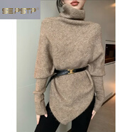 夏典素訂女王（SE.PSTP）秋冬氣質(zhì)不規則設計感蝙蝠袖披肩式高領(lǐng)毛衣寬松百搭慵懶風(fēng)針織衫 咖色毛衣+腰帶 M