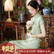 一城風(fēng)絮若玉丨復古中式民國風(fēng)學(xué)生年輕日常連肩袖短旗袍裙原創(chuàng  ) 灰豆綠色 S