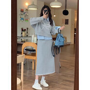 T大碼胖mm長(cháng)袖polo領(lǐng)條紋拼接假兩件衛衣高腰包臀半身裙兩件式套 兩件套 M[建議80-100斤] 均碼