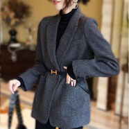 歐洲站加厚呢子大衣女中長(cháng)款2024早秋人字紋小西服毛呢小西裝外套 灰色 3XL 3XL