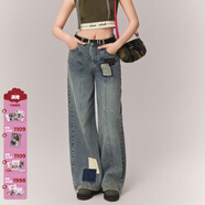 CHUU補丁闊腿牛仔褲女2025年冬季新品撞色拼接磨破做舊水洗長(cháng)褲子 牛仔藍 25