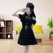 黑色露肩一字領(lǐng)連衣裙女韓版小清新荷葉邊夏裝新款女裝修身顯瘦女 黑色含腰帶 S S建議80-95斤