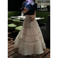 暴走高仙女175高個(gè)子女生超長(cháng)浪漫蕾絲壓褶重工半身裙女夏A字長(cháng)裙 米色常規 S S