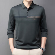 南極人（Nanjiren）春秋季爸爸裝條紋長(cháng)袖t恤中老年男裝翻領(lǐng)秋裝打底衫薄款爺爺裝 軍綠色 M 48【90-105斤】