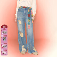 CHUU破洞闊腿牛仔褲女2025秋季新品辣妹個(gè)性減齡百搭毛邊直筒長(cháng)褲 牛仔藍2加長(cháng)版 25