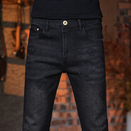 牧植男褲男褲歐貨高檔褲子燙印牛仔褲男士新款男款彈力修身休閑小腳褲 黑色 6828 31