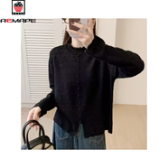 AEMAPE別致半高領(lǐng)開(kāi)叉紐扣蕾絲花邊針織衫2025秋冬百搭長(cháng)袖內搭打底衫女 黑色 L [100-110斤]