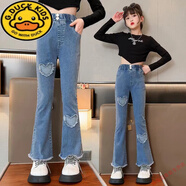 G.duck新品2025女童褲子春秋時(shí)髦長(cháng)褲大童洋氣寬松闊腿褲春裝兒童牛仔褲 貼布愛(ài)心喇叭褲 110 cm