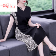 啄木鳥(niǎo)（TUCANO）夏季新款媽m媽裝撞色過(guò)膝連衣裙女收腰顯瘦高貴氣質(zhì)印花短袖a字裙 黑色 優(yōu)質(zhì)面料今年流行的輕奢品 L 105斤內