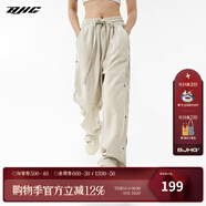 BJHG不計后果秋季環(huán)保麂皮絨串標鉚釘闊腿褲男潮情侶休閑運動(dòng)直筒褲女 淺杏色 L (120-140斤）