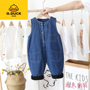 G.duck男童加絨背帶褲秋冬兒童牛仔褲保暖洋氣女寶寶冬季加厚棉褲可開(kāi)襠 加絨款藍色 90cm