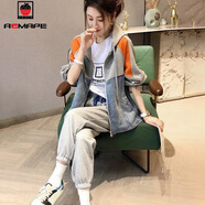 AEMAPE外套女2025新款秋冬季顯瘦長(cháng)袖歐洲站牛仔拼接加厚連帽上衣 橘色8201  L _建議110-120斤