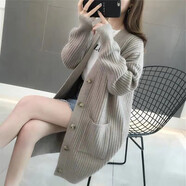 秋新款韓版寬松針織開(kāi)衫女慵懶風(fēng)中長(cháng)款單排扣純色毛衣外套 灰 均碼