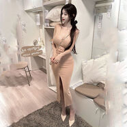 性感長(cháng)袖連衣裙女裝韓國2025新款春夏修身深V領(lǐng)緊身包臀中長(cháng)裙子 米色 均碼 均碼82斤-115斤