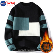 NASA CASA撞色拼接毛衣男冬季新款韓版潮流休閑百搭寬松針織衫 黑色（加絨） 2XL （約135-150斤可穿）