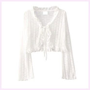 法式小坎肩罩衫夏季新款韓版溫柔風(fēng)木耳邊系帶薄款喇叭袖蕾絲開(kāi)衫 白色 S S適合85斤左右