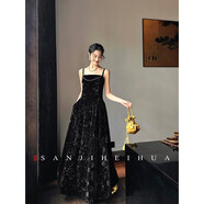 三吉黑花【漫漫】國風(fēng)絲絨秋冬連衣裙子吊帶長(cháng)裙新年戰袍高級感潮 瀾黑 XS