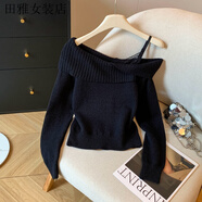韓版秋冬新款韓國凈色針織翻領(lǐng)吊帶蕾絲拼接露肩毛衣女 黑色 均碼