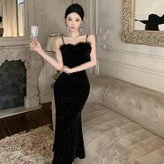 TINK黑色連衣裙女2026秋冬打底名媛氣質(zhì)修身顯瘦包臀魚(yú)尾裙毛毛拼接裙 黑色 L