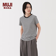MUJI女式 天竺編織 圓領(lǐng)短袖T恤 上衣打底衫女款25年夏季女裝內搭 黑色條紋 BB2P4C5S M (160/84A)