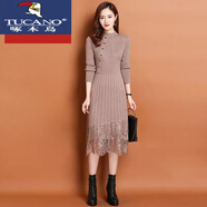 啄木鳥(niǎo)（TUCANO）加絨加厚針織連衣裙女中長(cháng)款過(guò)膝長(cháng)裙秋冬韓版長(cháng)袖蕾絲打底毛衣裙 駝色 L 建議105-115斤