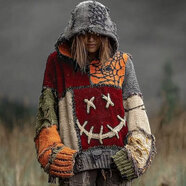 2025新款歐美毛衣秋冬寬松連帽休閑落肩復古女裝印花 LMS3AA009 3XL