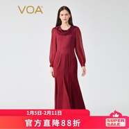 VOA真絲40姆米雙面緞紅堆堆領(lǐng)長(cháng)袖褶皺大擺甜美桑蠶絲連衣裙 AE1028 浮紅流丹(H7) M