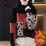 AEMAPE2025年秋冬新款套頭拼色毛衣女半高領(lǐng)針織打底衫短款加絨加厚上衣 黑色【加絨】 加厚 XL 建議120-130斤
