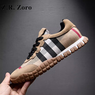 Z.R.Zoro輕奢品牌男鞋2026春季新款歐洲站皮布拼接板鞋男高端時(shí)尚休閑鞋男 卡其色 38
