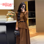 啄木鳥(niǎo)（TUCANO）氣質(zhì)感小香風(fēng)針織連衣裙女春秋冬大碼顯瘦歐毛衣兩件套裝裙 焦糖色套裝+贈腰帶歐洲站別致連衣裙/洋氣減齡/設今年 XL 【120-140斤】